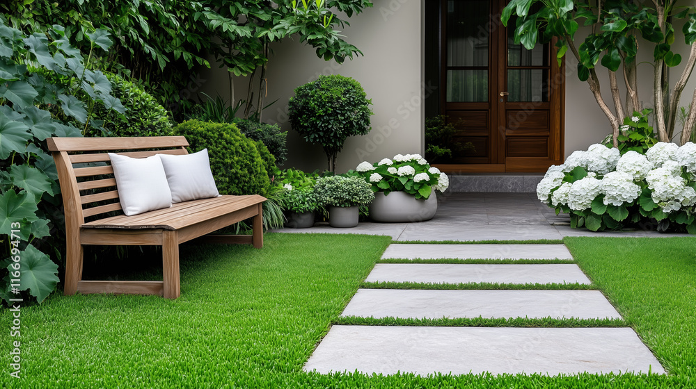 Obraz premium serene garden featuring wooden bench, potted plants, and stone pathway