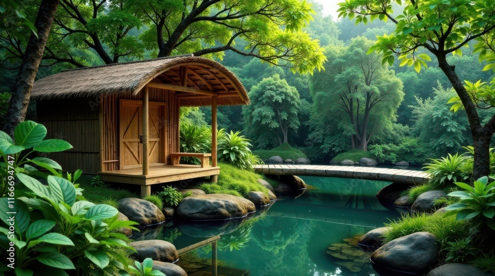 Serene Bamboo Hut Beside a Tranquil Pond in Lush Greenery, a Peaceful Retreat for Relaxation and Contemplation Serene Bamboo Hut Beside a Tranquil Pond in Lush Greenery, a Peaceful Retreat for Relaxation and Contemplation