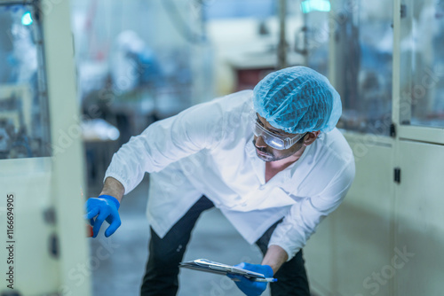 A food processing supervisor wearing protective gear and holding a clipboard, inspecting operations between machinery in a factory, emphasizing hygiene, safety, and quality control in production