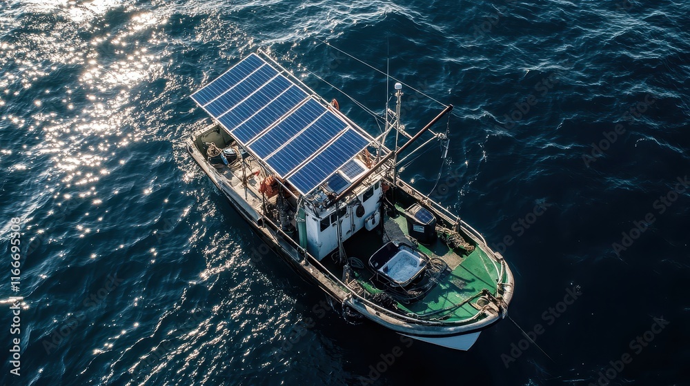 Obraz premium Sustainable Seafood Concept. A solar-powered boat navigates shimmering waters, showcasing sustainable technology in marine environments.