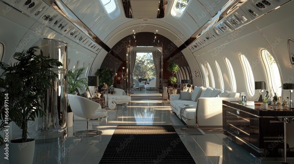Naklejka premium A luxurious interior of a private jet featuring elegant furnishings, large windows, and a sophisticated atmosphere.