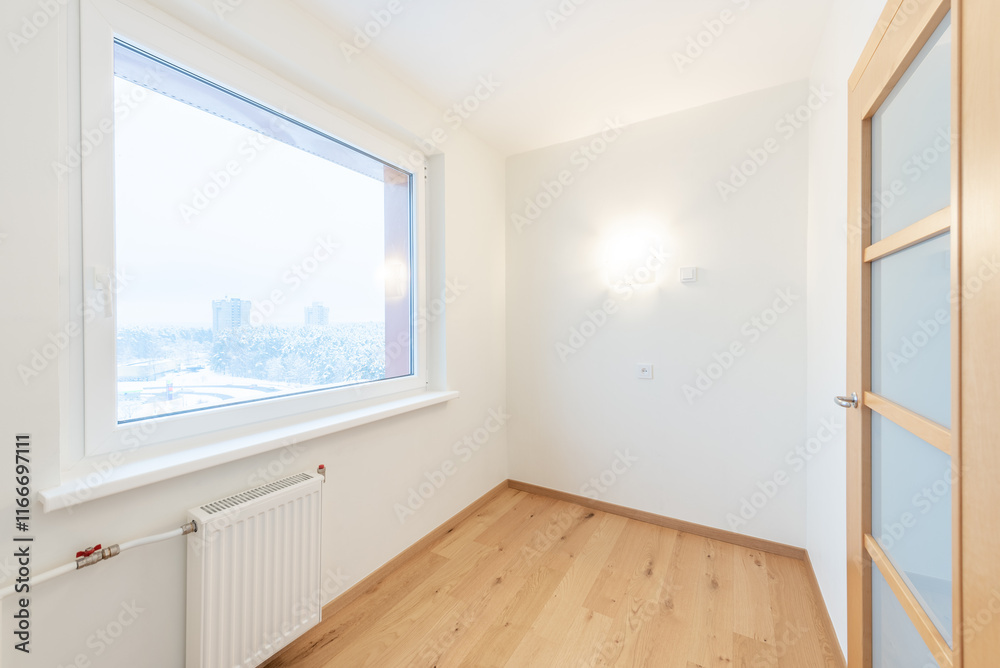 Fototapeta premium Modern Bright Room With Large Window and Wooden Flooring. Home Interior