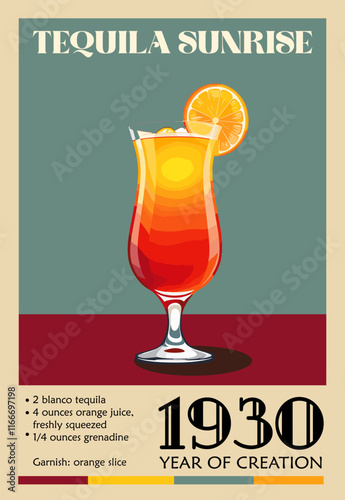 Tequila Sunrise Cocktail retro poster with recipe. Popular alcohol drink. Vintage flat vector illustration for bar, pub, restaurant, kitchen wall art print.