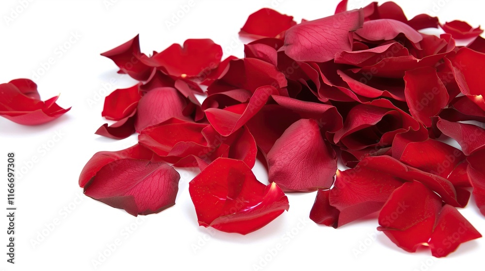 Fototapeta premium Red rose petals scattered on a clean white background, creating a classic Valentine's Day concept. The high-resolution image features sharp focus and professional studio lighting, showcasing the beaut