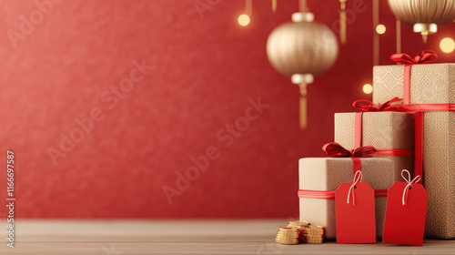 Elegant holiday gifts with red ribbons and gold ornaments create a festive atmosphere, perfect for the holiday season.