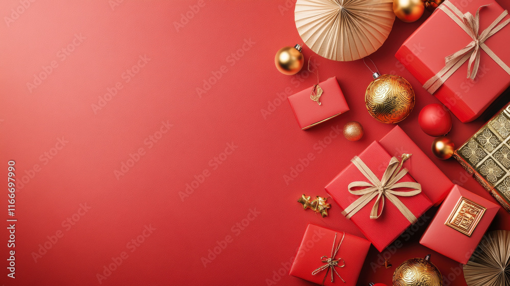 Festive holiday gift boxes and elegant ornaments on red background, perfect for Christmas celebrations and seasonal home decor inspiration. Festive holiday gift boxes and elegant ornaments on red background, perfect for Christmas celebrations and seasonal home decor inspiration.