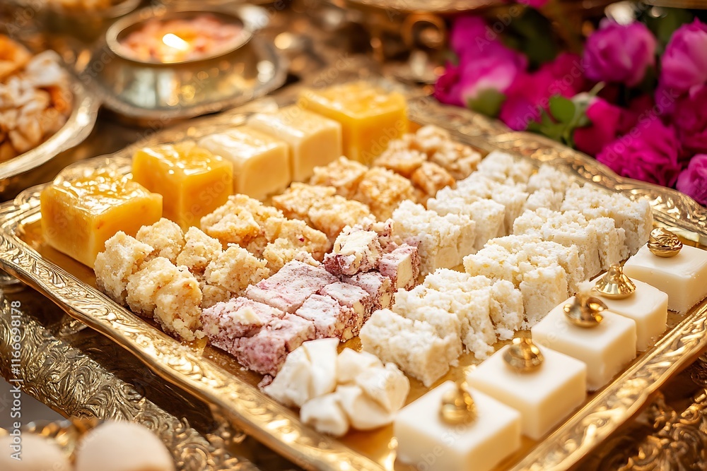 Delicious Sweets Like Sheer Khurma on a Gold Platter for Eid Celebration Delicious Sweets Like Sheer Khurma on a Gold Platter for Eid Celebration