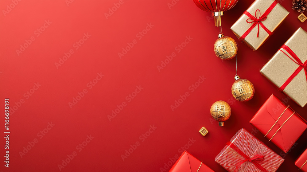 Elegant holiday gift presentation with red and gold decorations. Perfect festive inspiration for your Christmas and New Year celebrations. Elegant holiday gift presentation with red and gold decorations. Perfect festive inspiration for your Christmas and New Year celebrations.