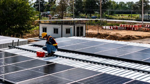 Wallpaper Mural A worker wearing safety gear installing solar panels on a rooftop with nearby housing units in the background, emphasizing renewable energy, sustainability, and efficient solar power implementation Torontodigital.ca