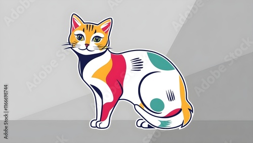 Graphic Cat Illustration with Bold Colors on Light Gray Background