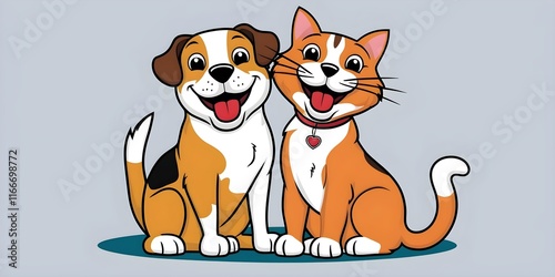 Cute Clip Art of Dog and Cat Sitting Together with Exaggerated Expressions and Playful Poses.