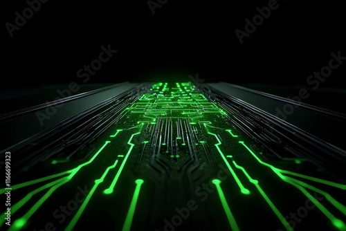 Abstract digital circuit board design with glowing green lines showcasing modern technology and futuristic concepts in a dark environment for background usage