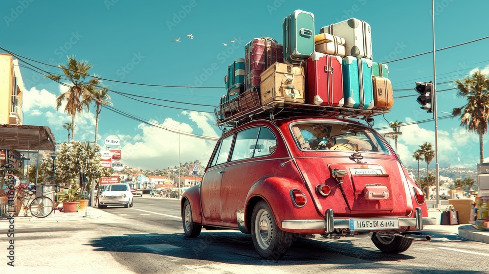 Fototapeta premium A vintage car with colorful luggage is driving through a sunny coastal town, evoking a sense of adventure and travel.