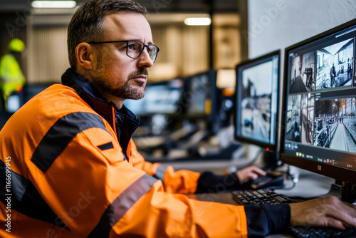 Male security guard on patrol at a construction site. photo