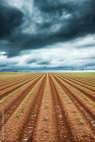 A vast agricultural field with rows of young plants under a stormy sky.