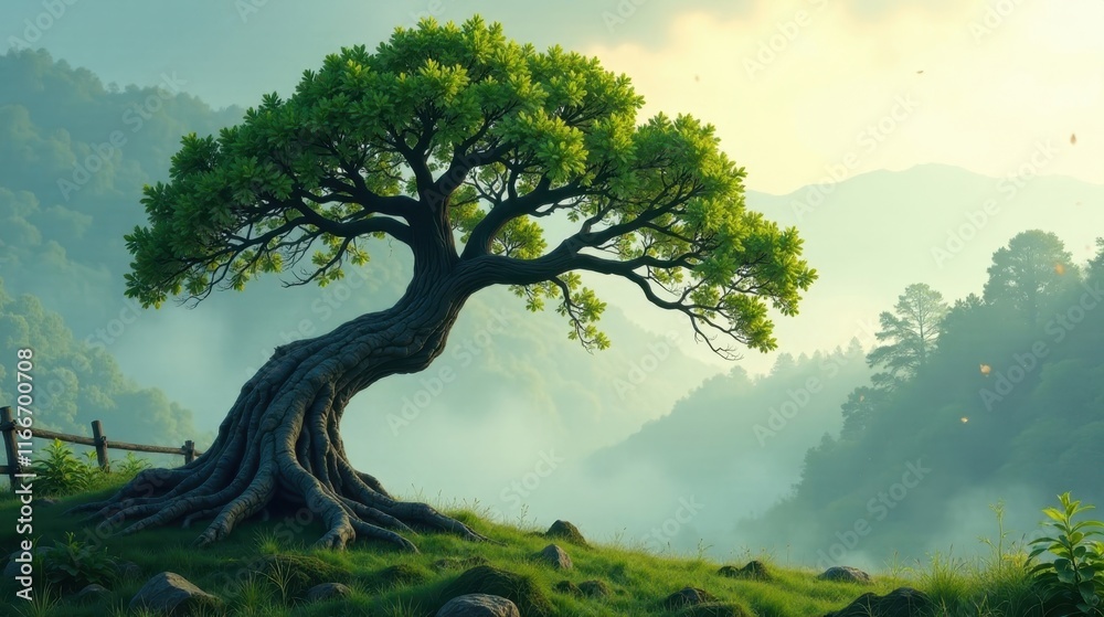 Serene Landscape Featuring Ancient Tree with Expansive Roots on a Misty Hillside Serene Landscape Featuring Ancient Tree with Expansive Roots on a Misty Hillside