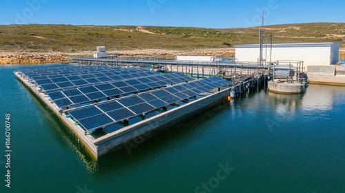 Sustainable Seafood Concept. A solar panel installation on a floating platform in a serene body of water, showcasing renewable energy in a natural setting. photo