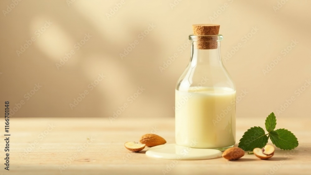 A glass bottle of creamy nut milk with spilled milk and nuts on a wooden surface bathed in soft sunlight A glass bottle of creamy nut milk with spilled milk and nuts on a wooden surface bathed in soft sunlight