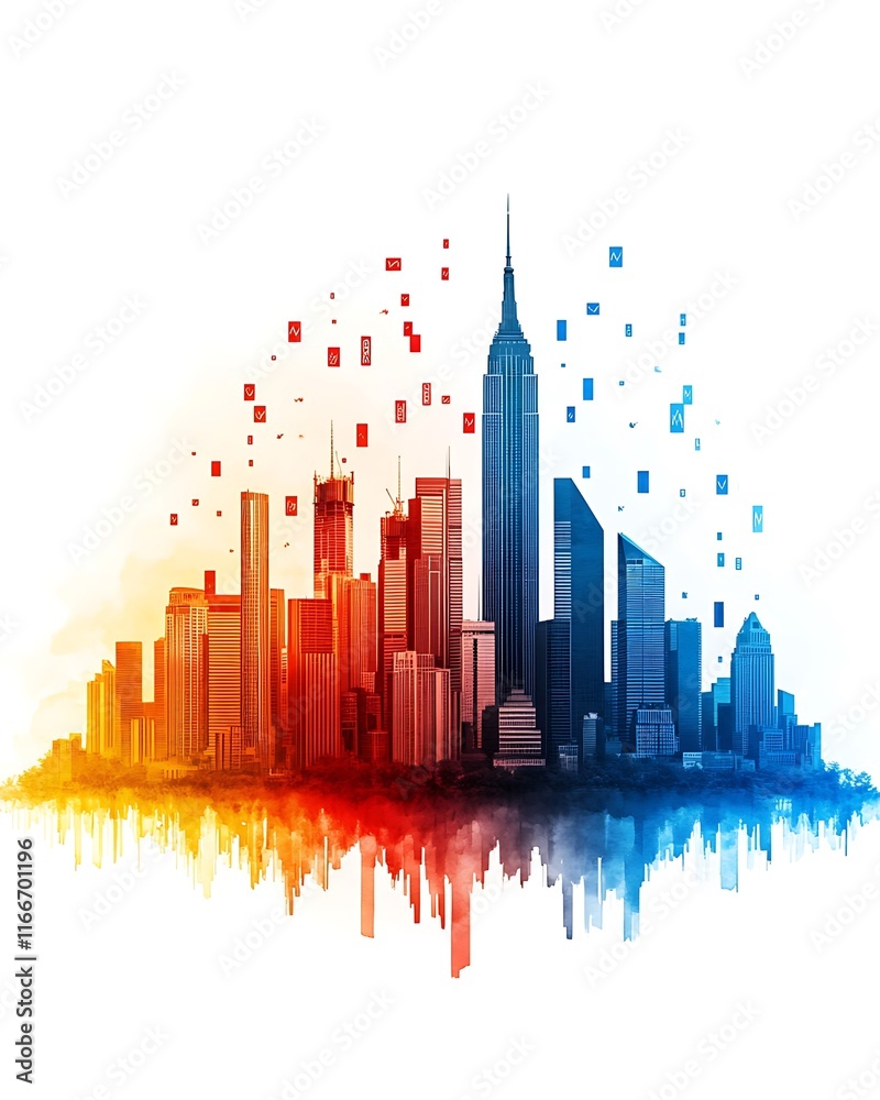 Economic Slowdown Concerns, Vibrant Cityscape Silhouette with Falling Elements Economic Slowdown Concerns, Vibrant Cityscape Silhouette with Falling Elements