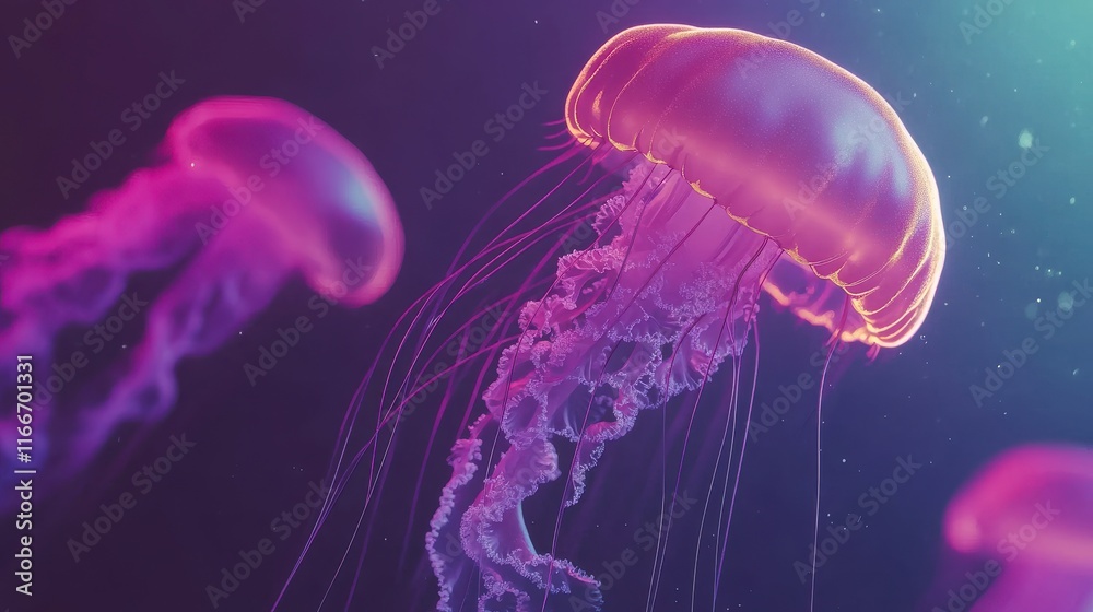 Fototapeta premium Colorful Jellyfish in Underwater Setting with Glow Effects