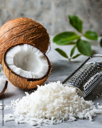 Wallpaper Mural Freshly Grated Coconut with Halved Coconut Shell and Grater on a Light Gray Surface Surrounded by Green Leaves for Culinary and Natural Backdrops Torontodigital.ca