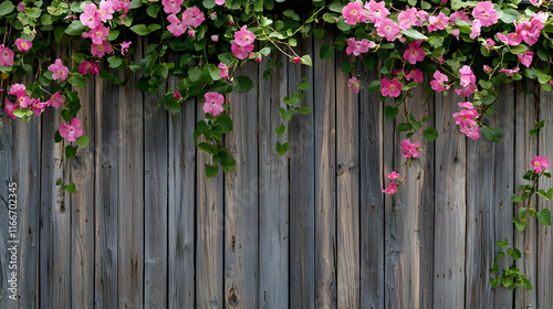 rustic wooden fence adorned with vibrant pink flowers, creating charming spring atmosphere. combination of natural wood and blooming flora evokes sense of tranquility and beauty