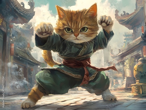 Fearless Ginger Cat in Martial Arts Pose: An Asian-Inspired Painting photo