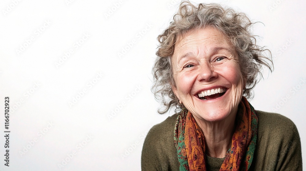 Cheerful Older Woman with Wide Smile and Curly Hair in Portrait Cheerful Older Woman with Wide Smile and Curly Hair in Portrait