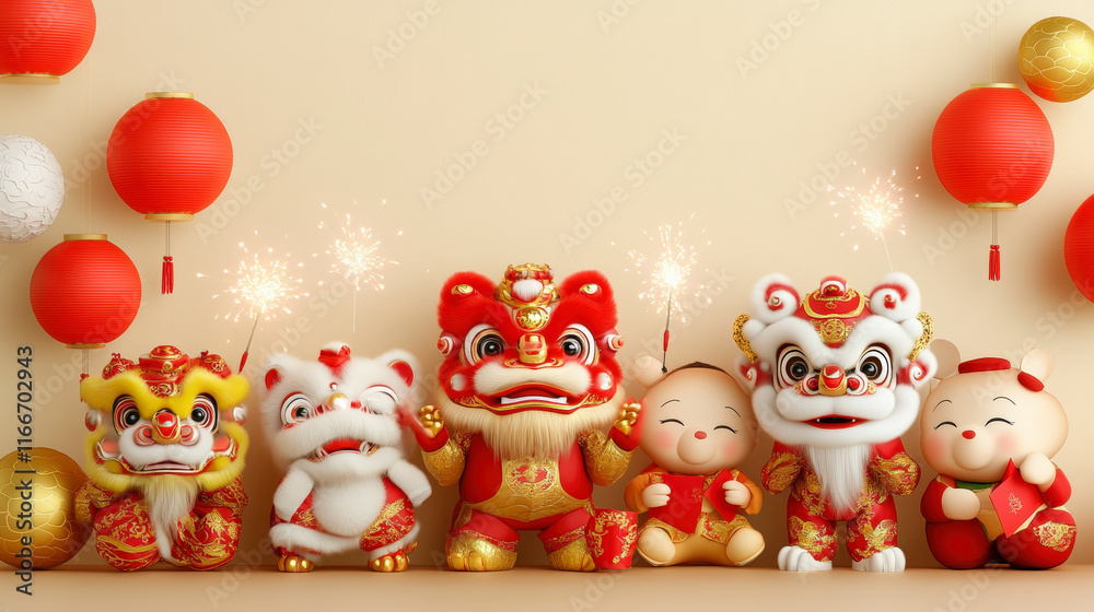 Festive Lunar New Year decorations with vibrant lion figurines and lanterns, capturing traditional celebration and cultural joy ambiance. Festive Lunar New Year decorations with vibrant lion figurines and lanterns, capturing traditional celebration and cultural joy ambiance.