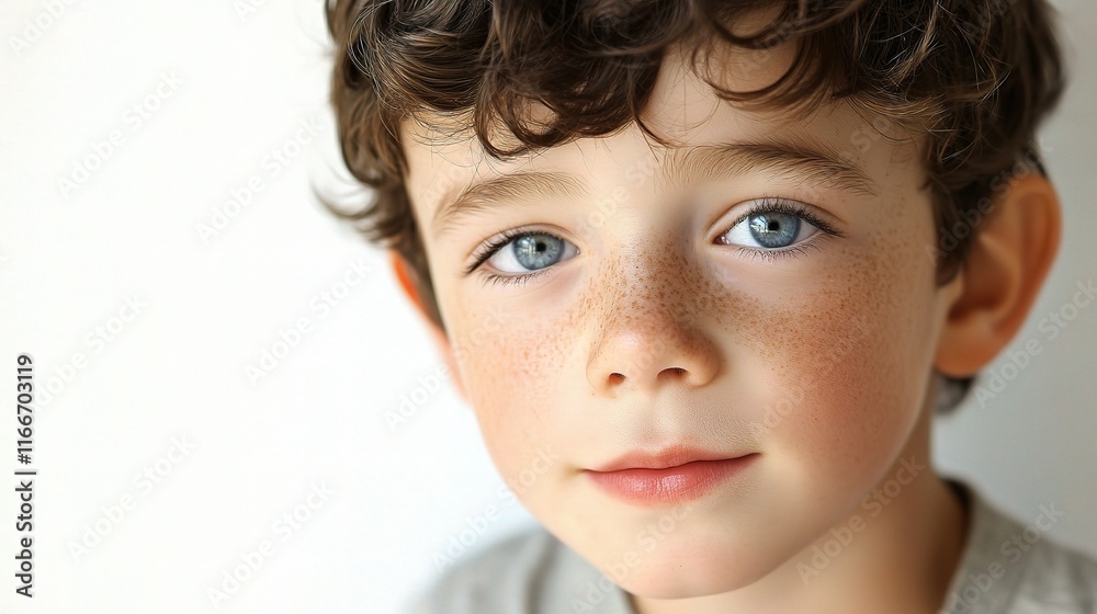 Close-Up Portrait of a Little Boy with Freckles on White Background Close-Up Portrait of a Little Boy with Freckles on White Background