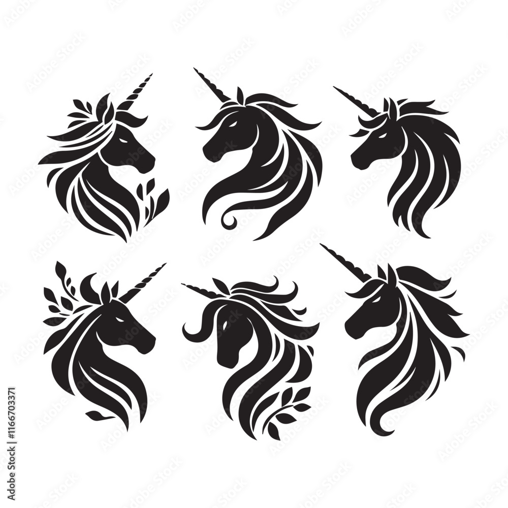 Obraz premium Unicorn face set Vector Silhouette black SH