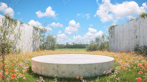 Serene garden scene featuring a circular stone platform surrounded by vibrant flowers and a clear blue sky