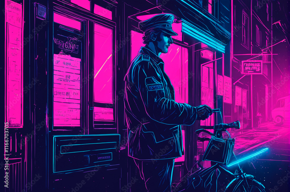 Postman, illustration, neon aesthetics, neo-noir. Generative AI.