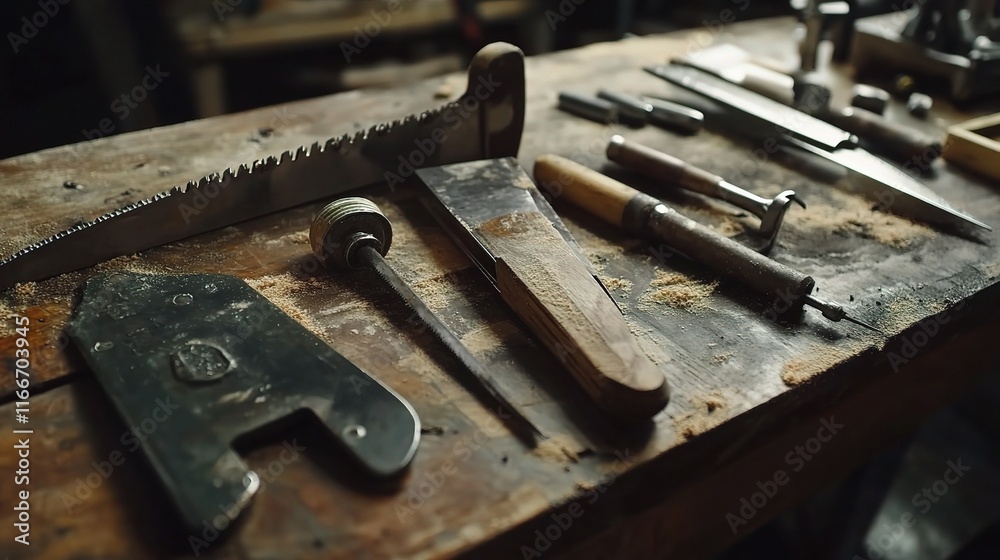 Close-Up of Various Construction Tools on Wooden Workbench