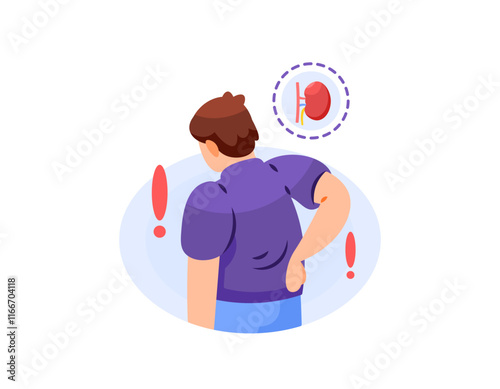 illustration of a man holding his lower back because he feels pain. suffering from kidney disease. kidney problems. symptoms of Nephropathy or kidney failure. health problems. flat style character