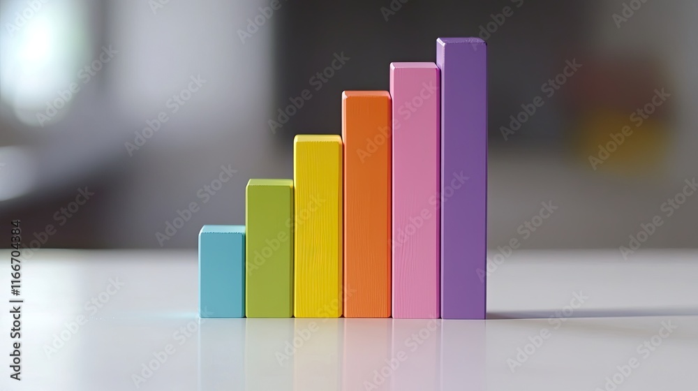 A bar chart made of colorful blocks arranged in ascending order on a white table. A bar chart made of colorful blocks arranged in ascending order on a white table.
