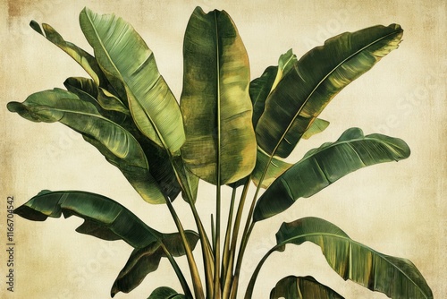 Lush green banana leaves against a textured background.