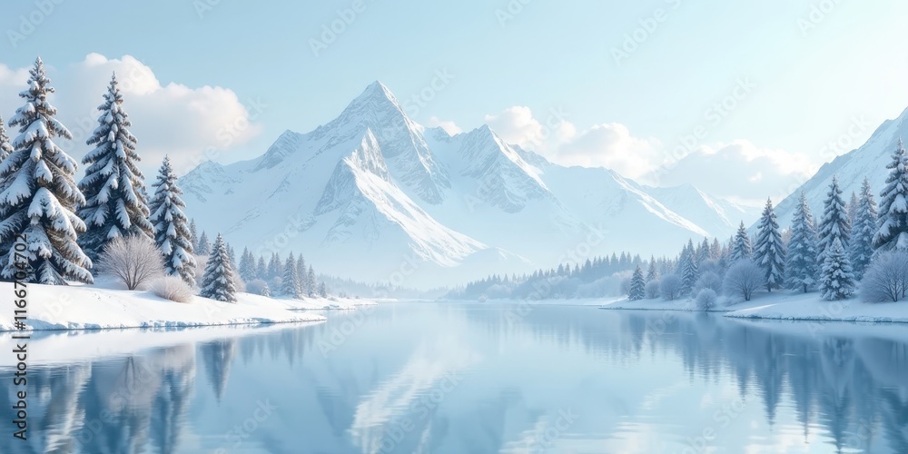 Serene Winter Landscape Snow-Covered Pines Reflecting on a Calm Glacial Lake, Majestic Mountains in the Background Serene Winter Landscape Snow-Covered Pines Reflecting on a Calm Glacial Lake, Majestic Mountains in the Background