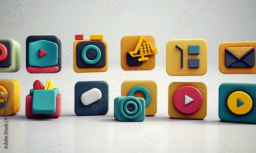 Colorful, playful app icons designed in a 3D style for digital interfaces and applications.