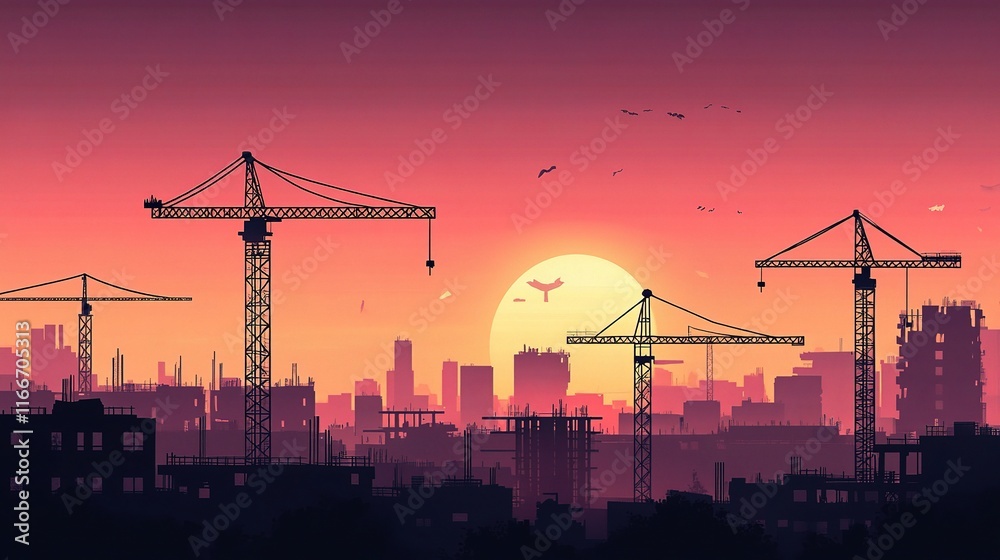 Silhouette of a Construction Site at Sunset with Cranes Silhouette of a Construction Site at Sunset with Cranes