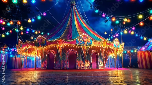 Vibrant Carnival Tent Under Colorful Lights Against a Night Sky Filled with Wonder