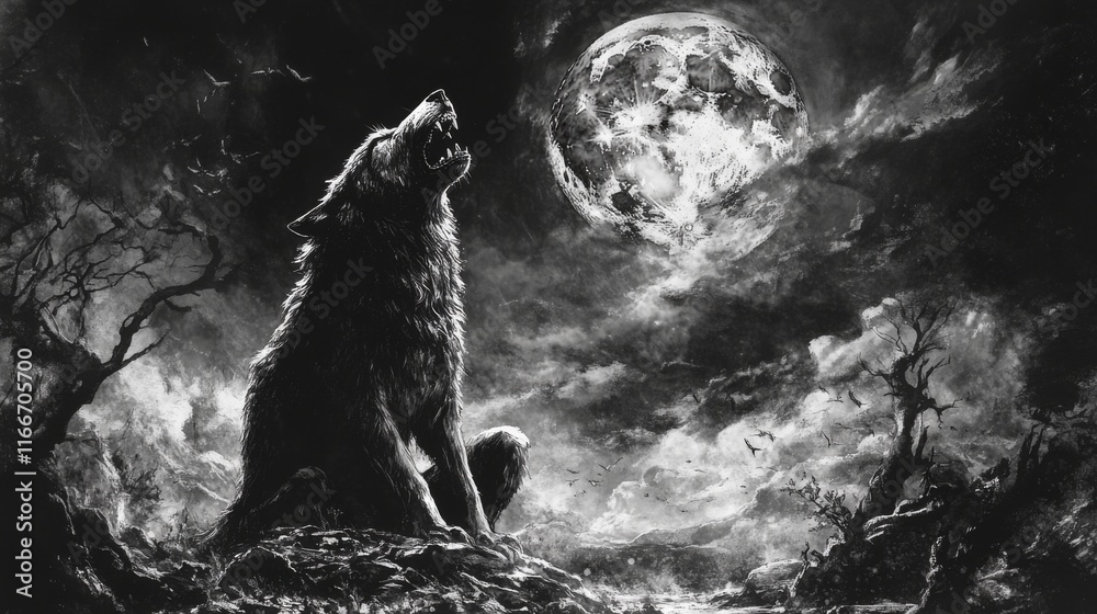 Naklejka premium Lone wolf howling at a large full moon in a dark, stormy night sky.
