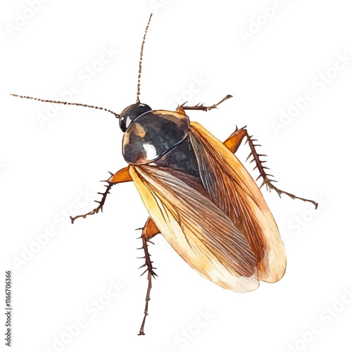 A watercolor vector painting of a cockroach, isolated on a white background. Cockroach vector.

