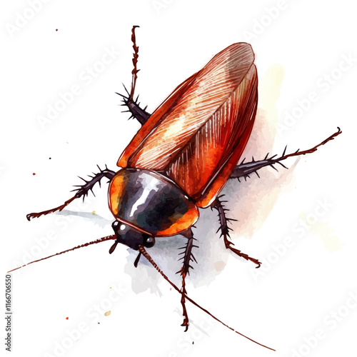 A watercolor vector painting of a cockroach, isolated on a white background. Cockroach vector.

