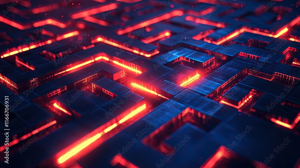 Fototapeta premium A radiant maze with a glowing path to the exit, symbolizing navigating strategic business challenges.