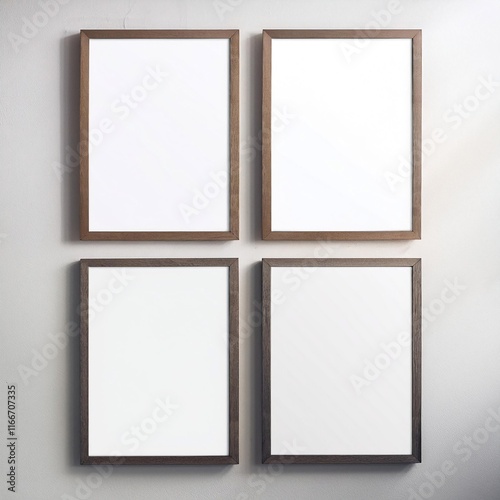 Four small framed blank poster mockups in portrait on wall - Mockup