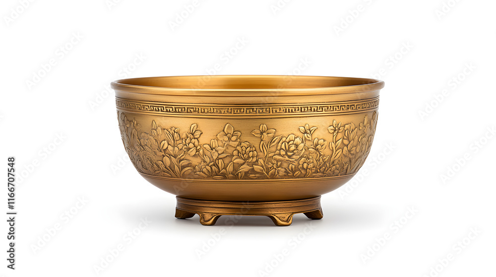 A golden ornate Thai-style bowl with feet, placed on a white background, showcasing intricate craftsmanship and cultural design.
A golden ornate Thai-style bowl with feet, placed on a white background, showcasing intricate craftsmanship and cultural design.