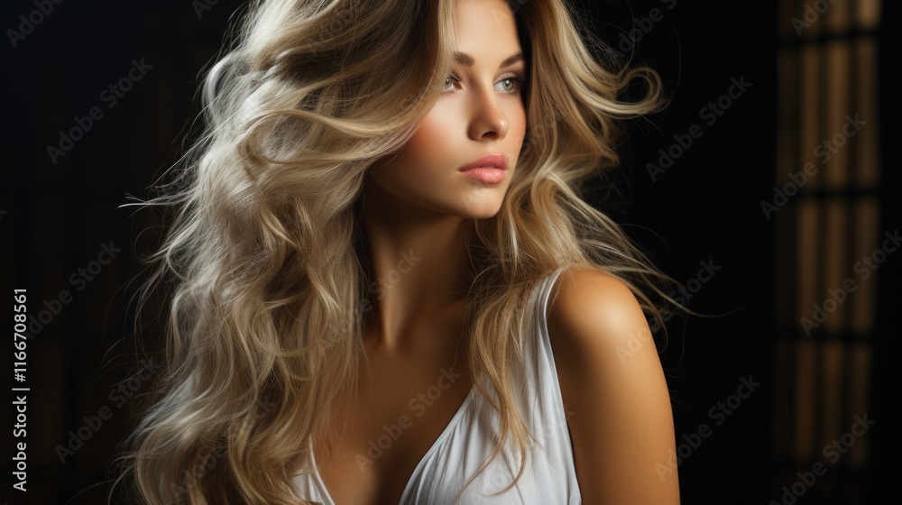 Stunning Blonde Woman with Long, Wavy Hair in a Dramatic Pose Stunning Blonde Woman with Long, Wavy Hair in a Dramatic Pose