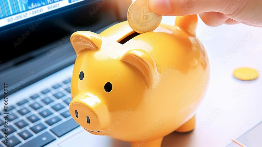 Individuals are actively saving coins in a piggy bank while surrounded by a laptop showing financial data for better money management