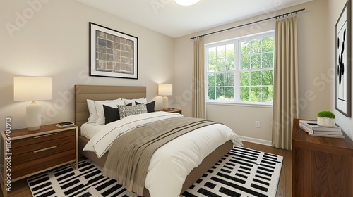 Contemporary Sparse Bedroom with Artistic Wall Frame and Sunlit Ambiance. A Serene Space for Art Display and Relaxation